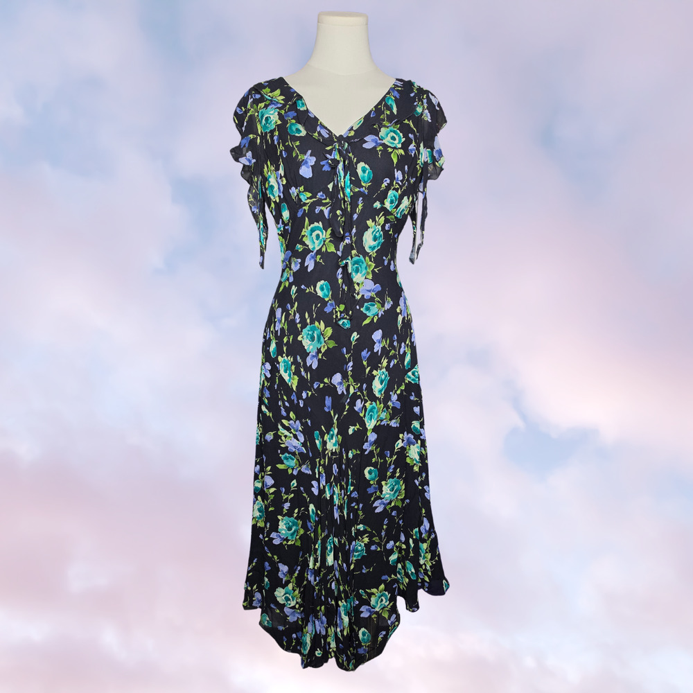 Vtg 90s Floral Ruffle Black Blue Green Formal Cocktail Rayon Asymmetric Dress S